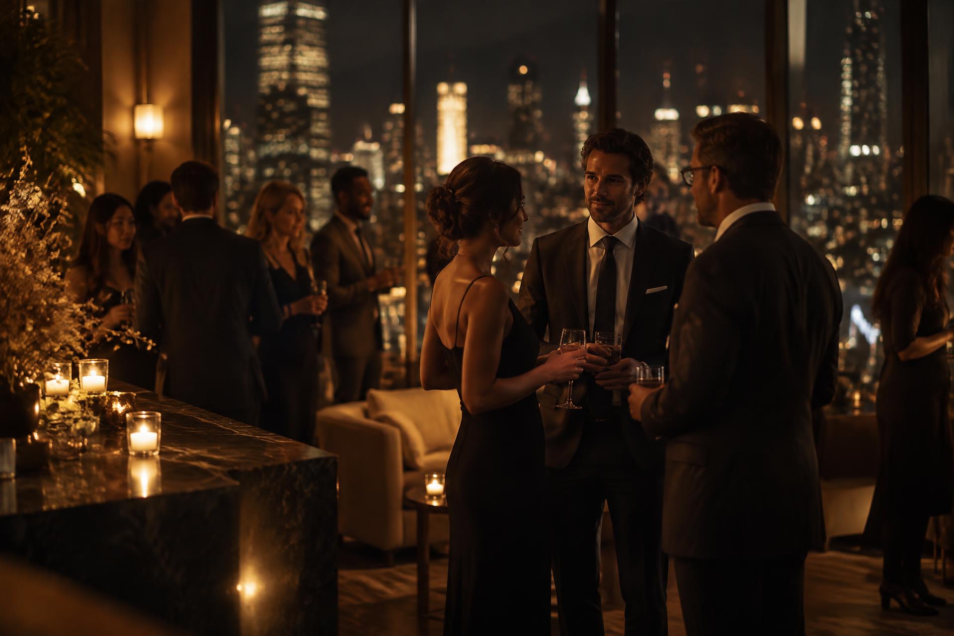 Business owners in conversation by candlelight at an evening gathering above the city skyline